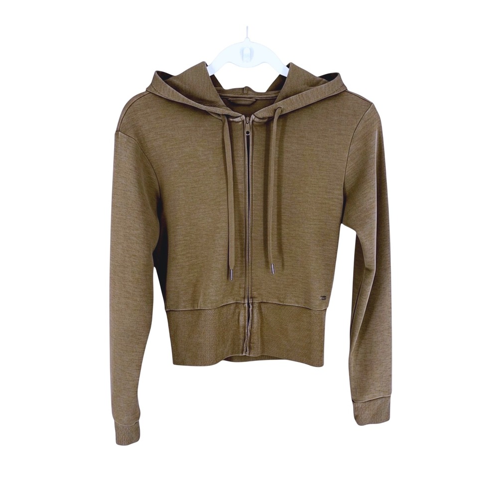 Vuori Halo Mini Full Zip Hoodie Sable Heather Brown Cropped Sweatshirt Womens - Picture 2 of 15